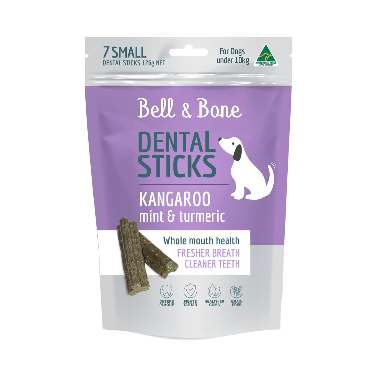 Bell & Bone Kangaroo & Turmeric dental sticks for dogs, promotes oral health and fresher breath.