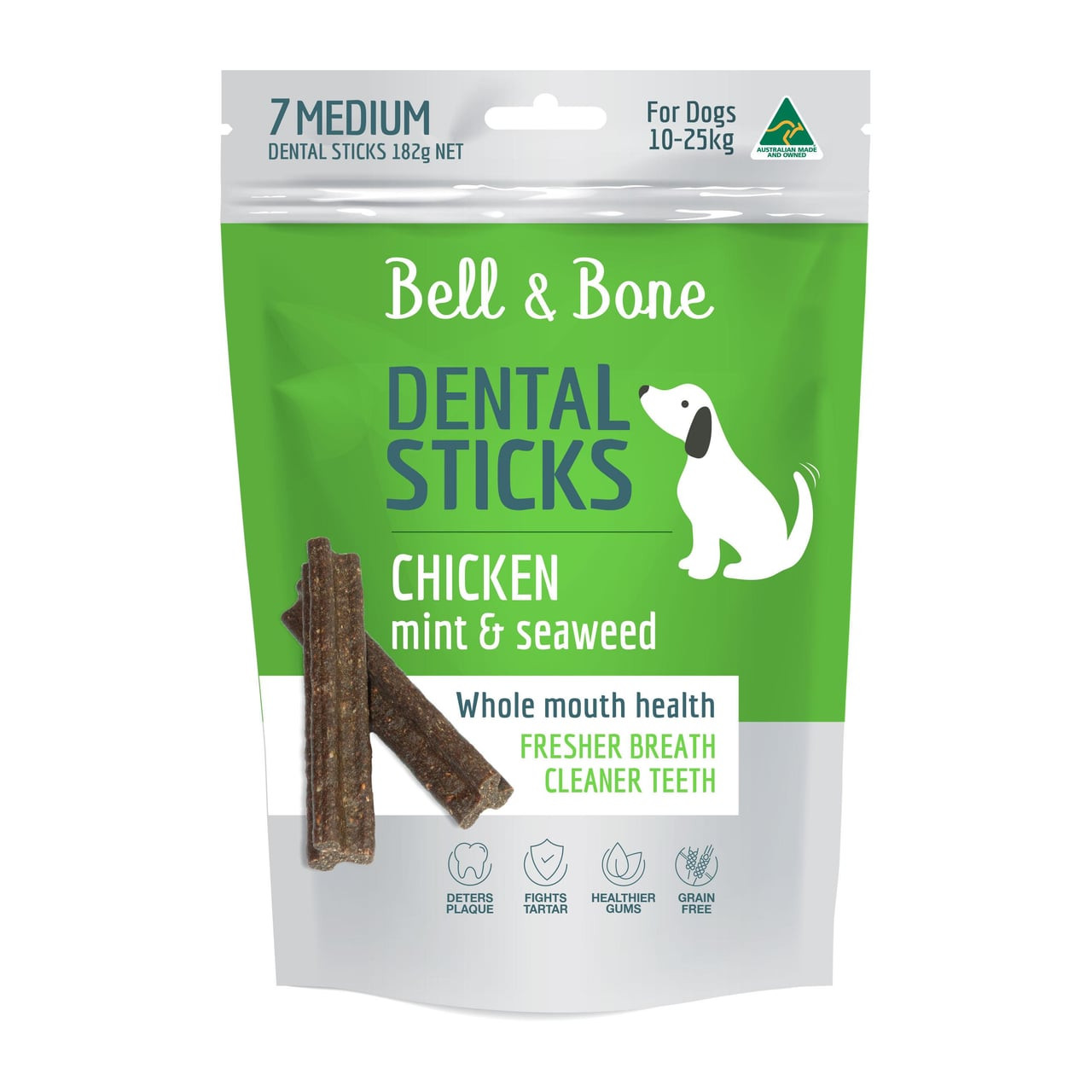 Bell & Bone Chicken, Mint & Seaweed dental sticks for dogs, 182g bag, promotes fresh breath.