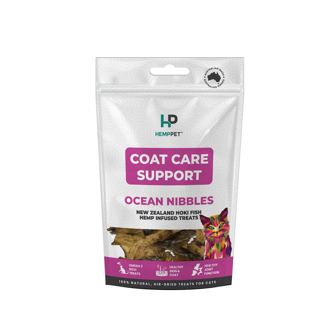 HempPet Coat Hoki Fish & Hemp Treats for Cats packaging, 70g, promoting coat health and support.