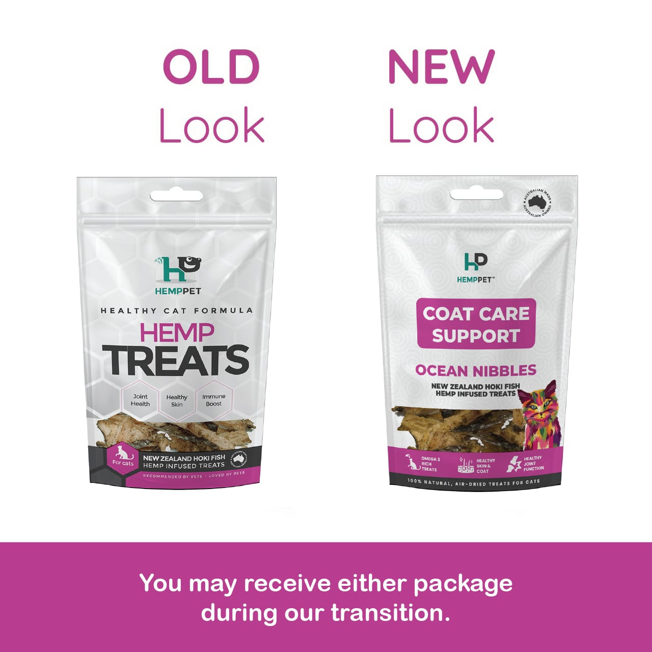 HempPet Coat Hoki Fish & Hemp Treats for Cats, 70g, showcasing old and new packaging designs.