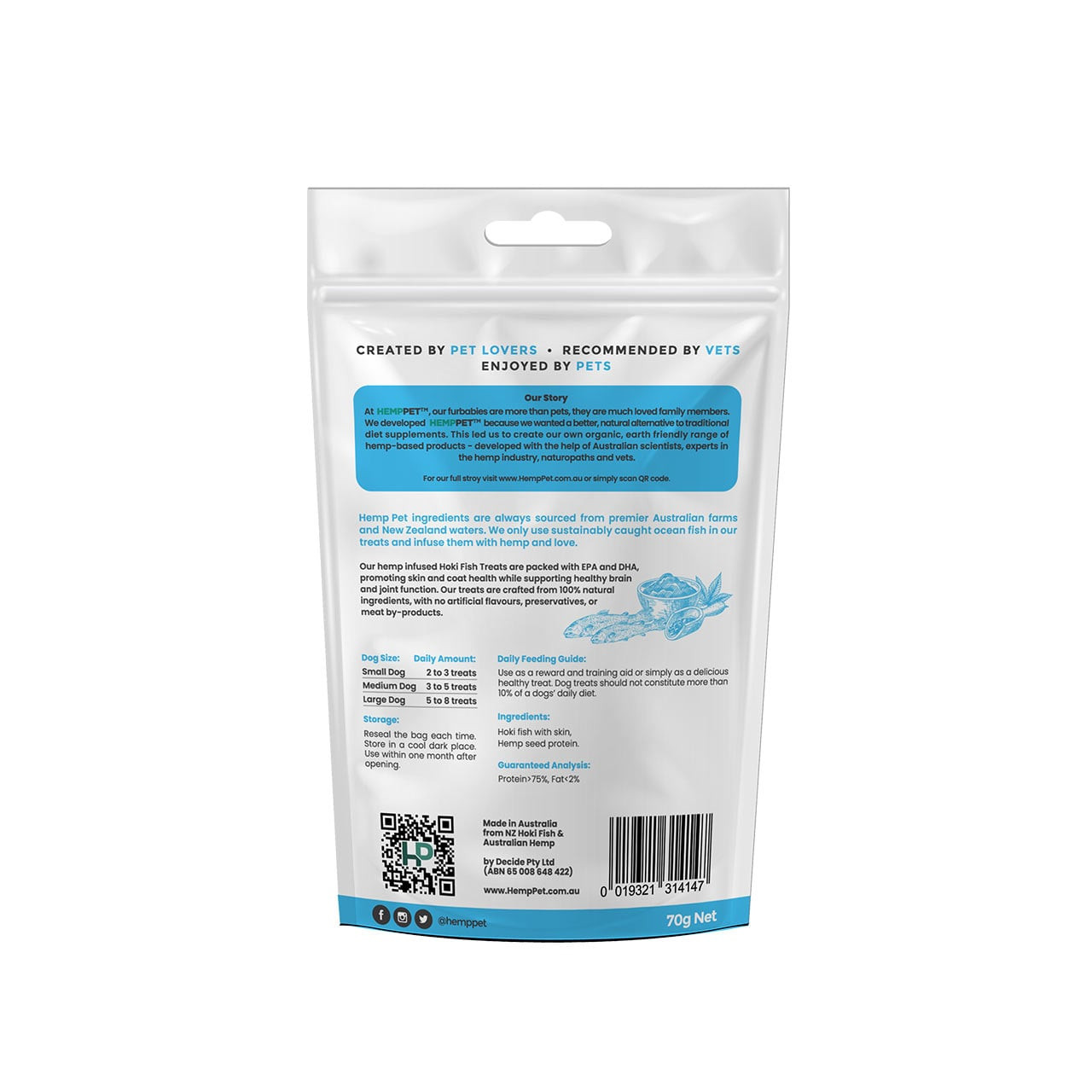 HempPet Skin & Coat Hoki Fish & Hemp Treats for Dogs, 70g, nourishing ingredients for healthy skin.