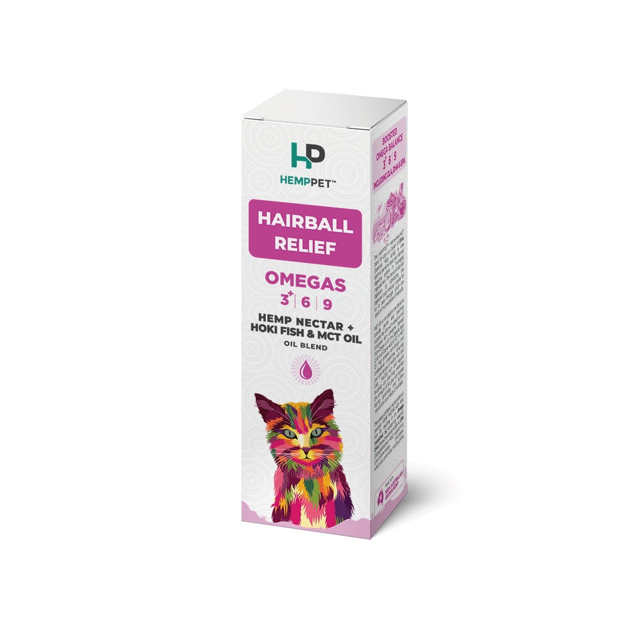HempPet Hairball Relief oil blend, featuring hemp nectar, hoki fish, and MCT oil for cats.