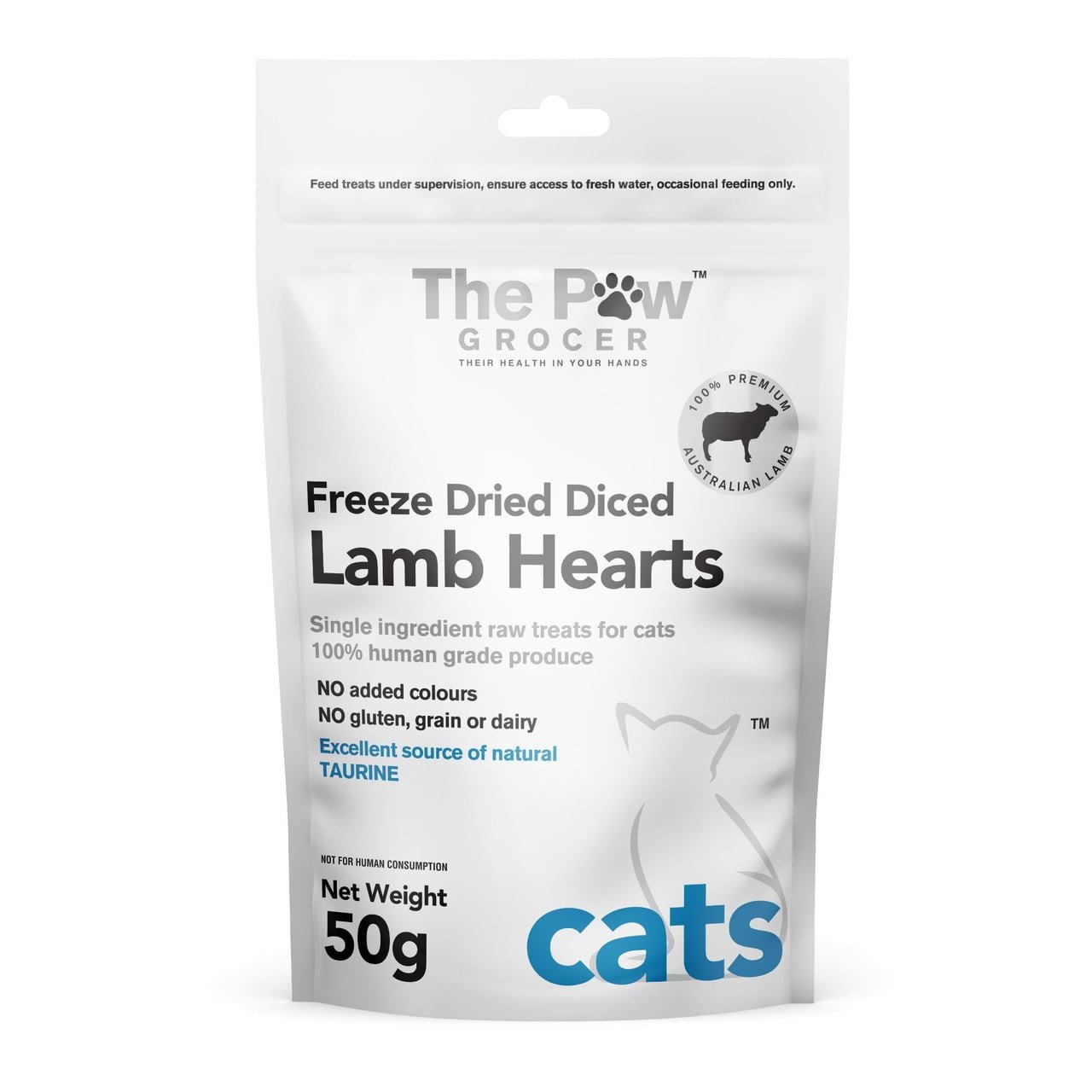 Freeze-dried lamb hearts for cats, 50g pack, high in taurine, single-ingredient treat.