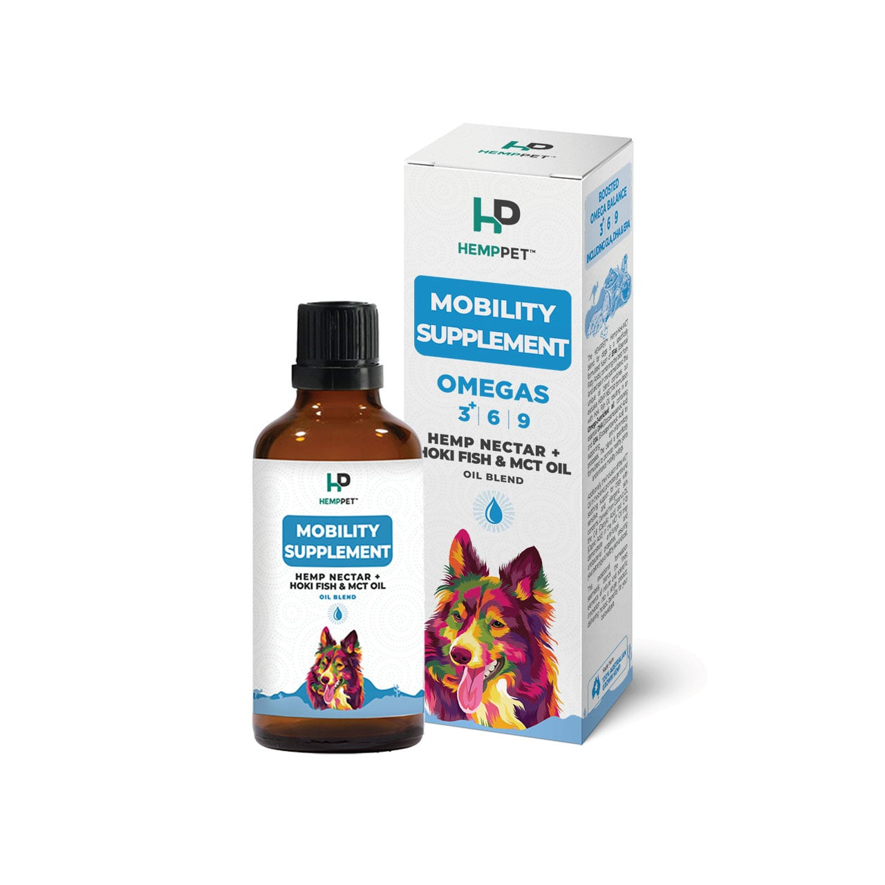 HempPet Mobility Hemp Nectar Oil with Hoki Fish & MCT Oil for dogs, 100ml bottle.