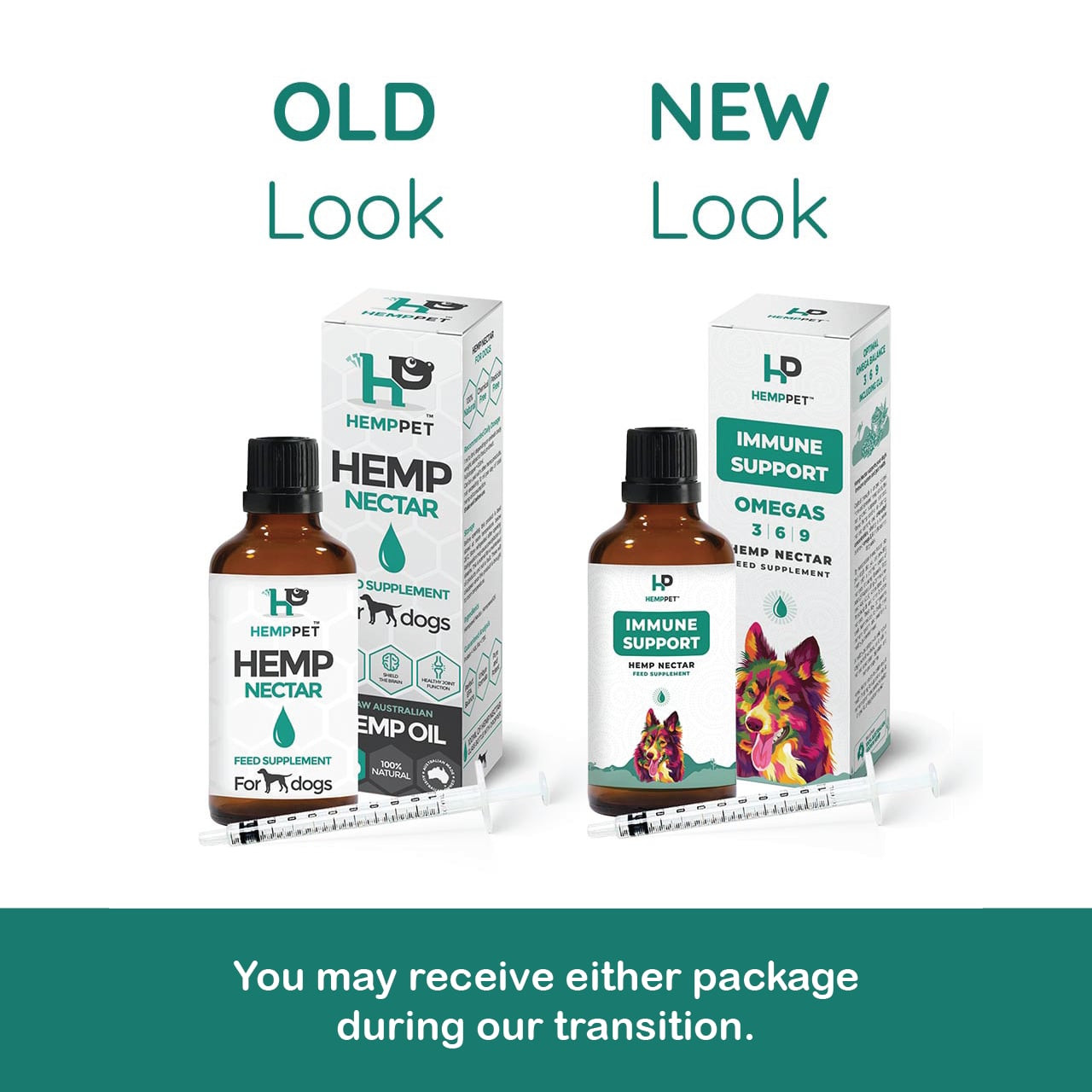 HempPet Immune - Hemp Nectar for Dogs 100mL in two packaging designs for pet health support.