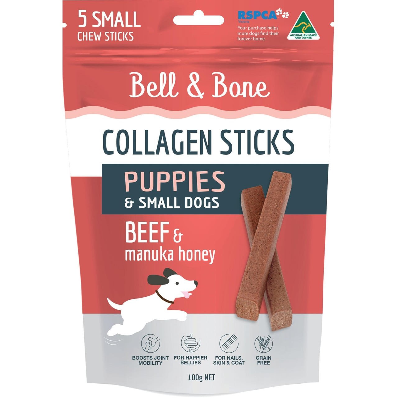 Bell & Bone Collagen Chews for Puppies & Small Dogs in a 100g package, featuring beef and manuka honey.