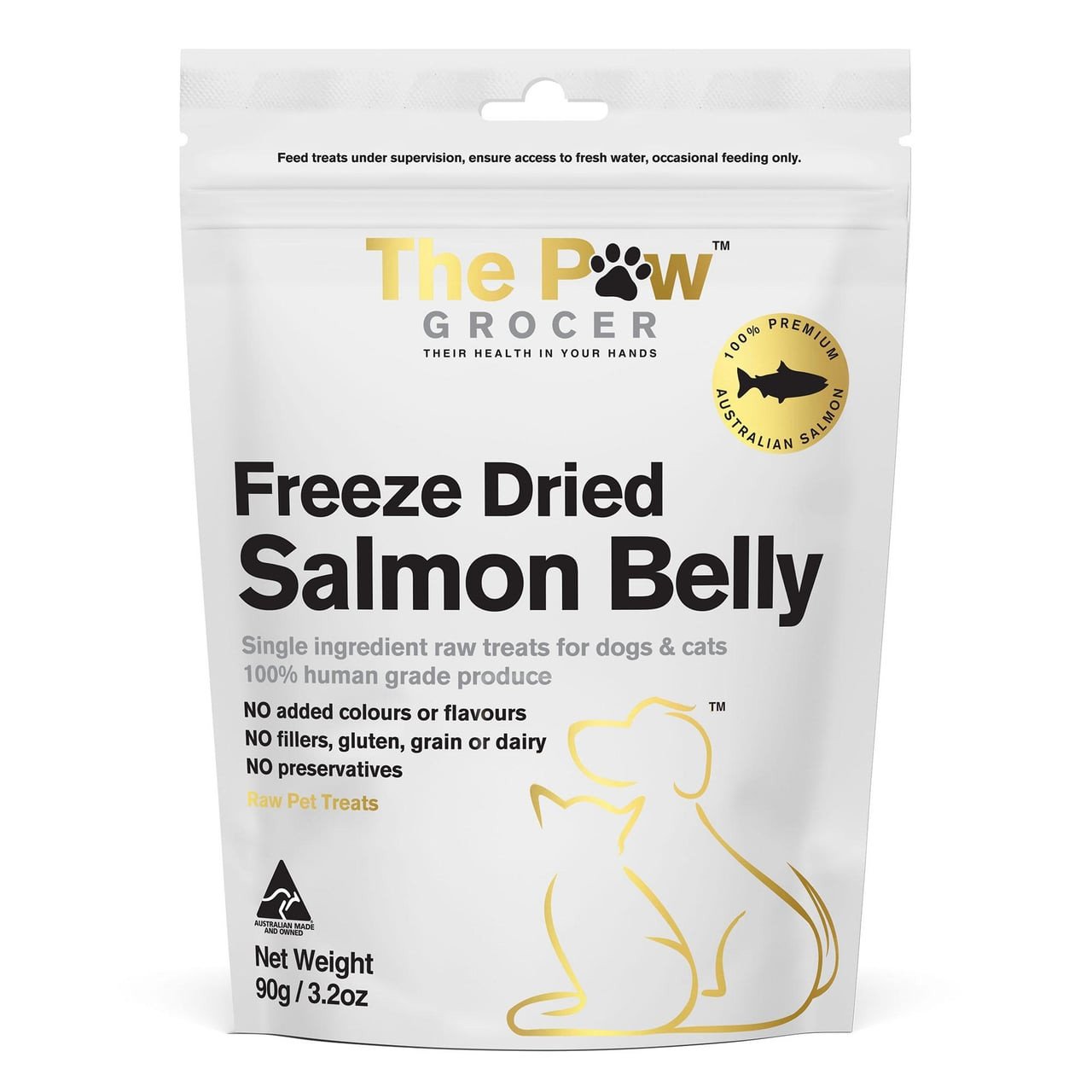 Freeze Dried Salmon Belly for Cats and Dogs, 90g packaging, raw pet treats.