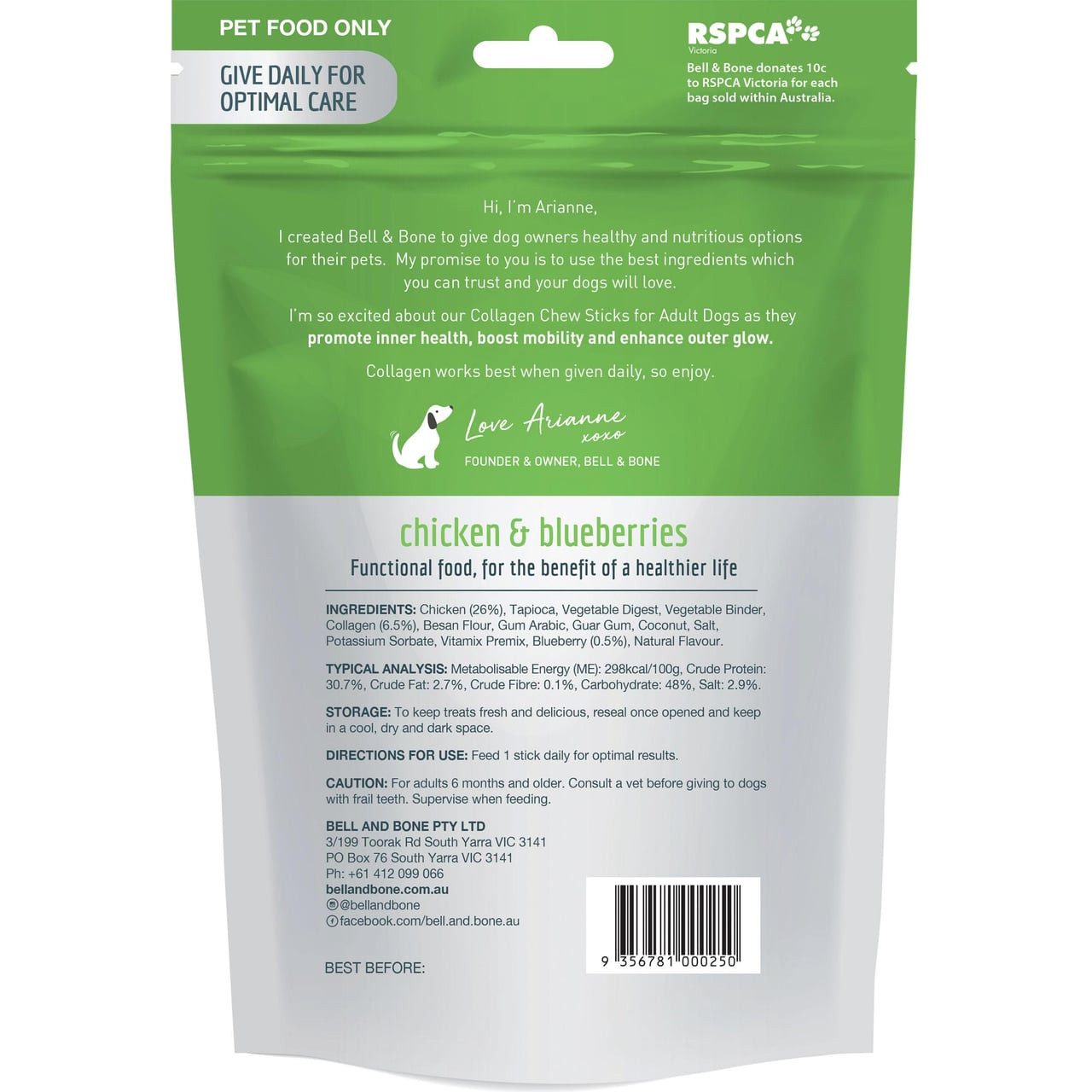 Bell & Bone Collagen Chews for Adult Dogs, Chicken flavor, 5 sticks, health-focused pet snacks.