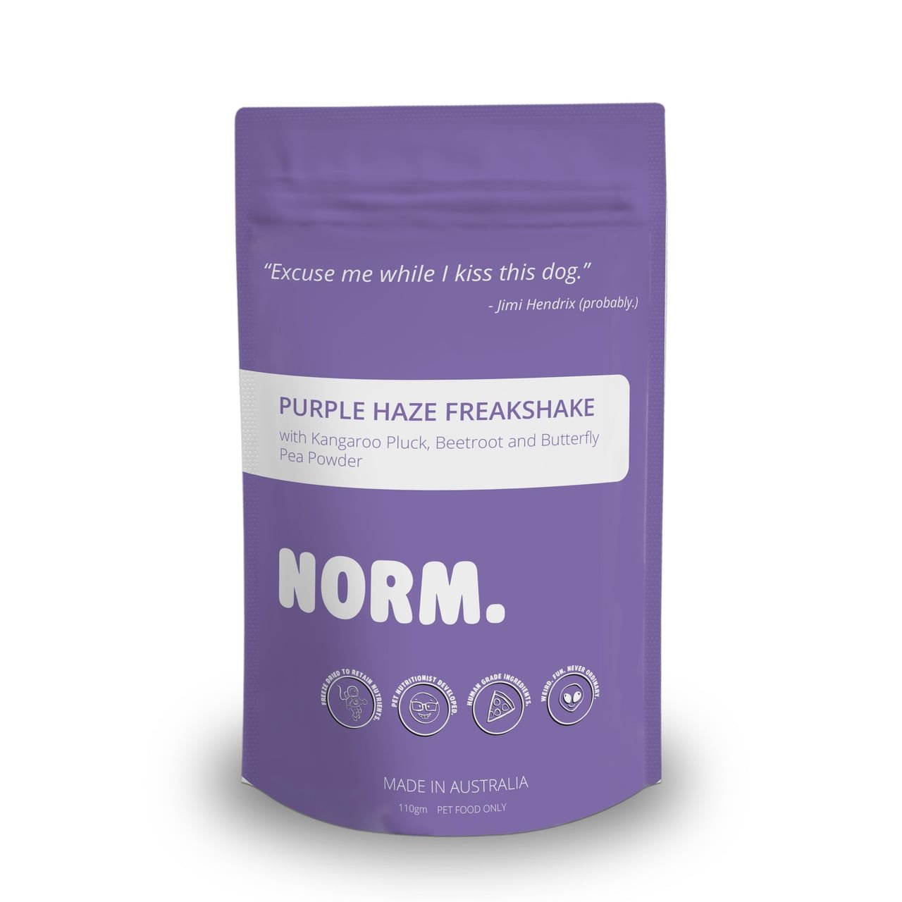 Norm Purple Haze Freakshake packaging in vibrant purple, featuring kangaroo pluck and beetroot.