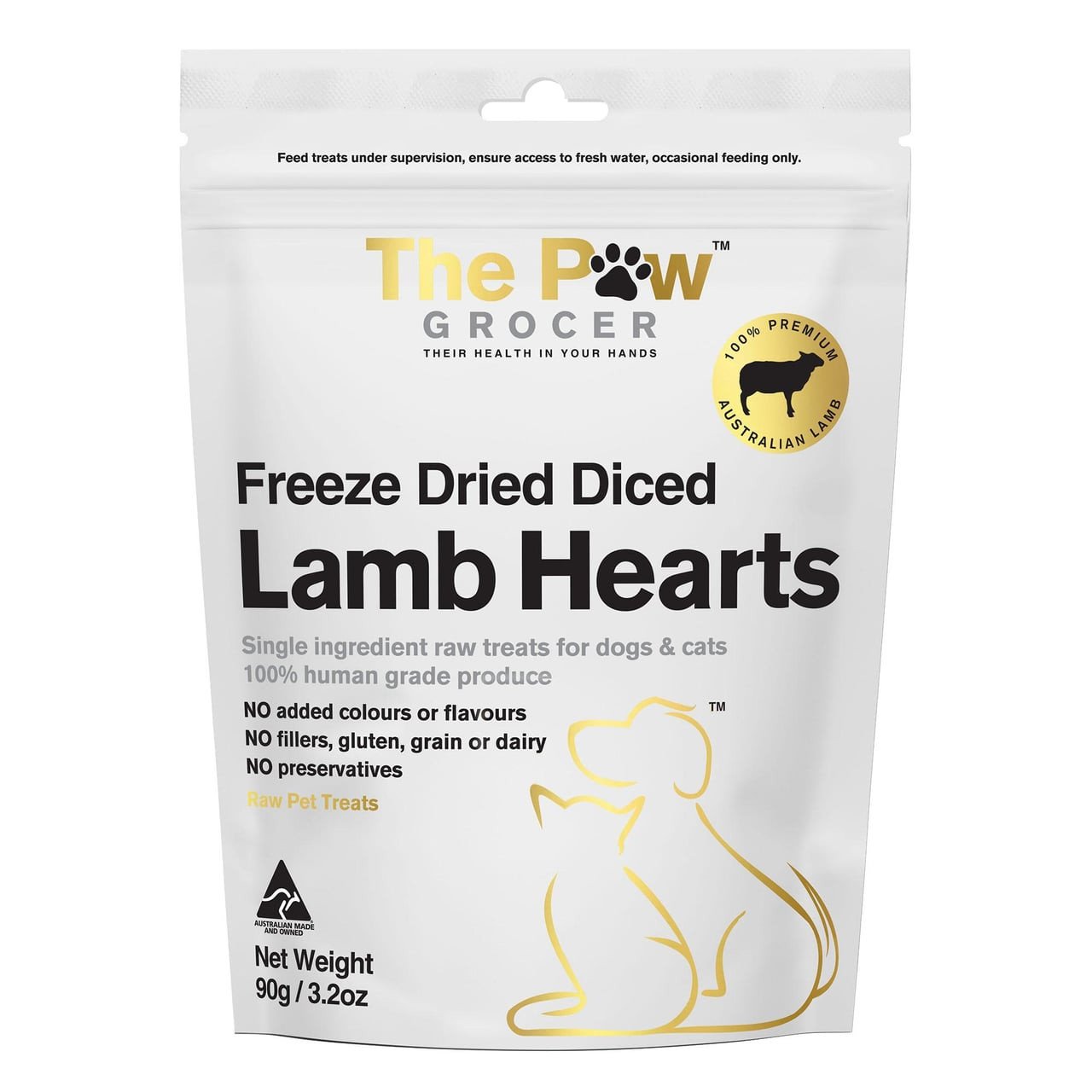 Freeze Dried Diced Lamb Hearts for Cats and Dogs by The Paw Grocer, 90g packaging.