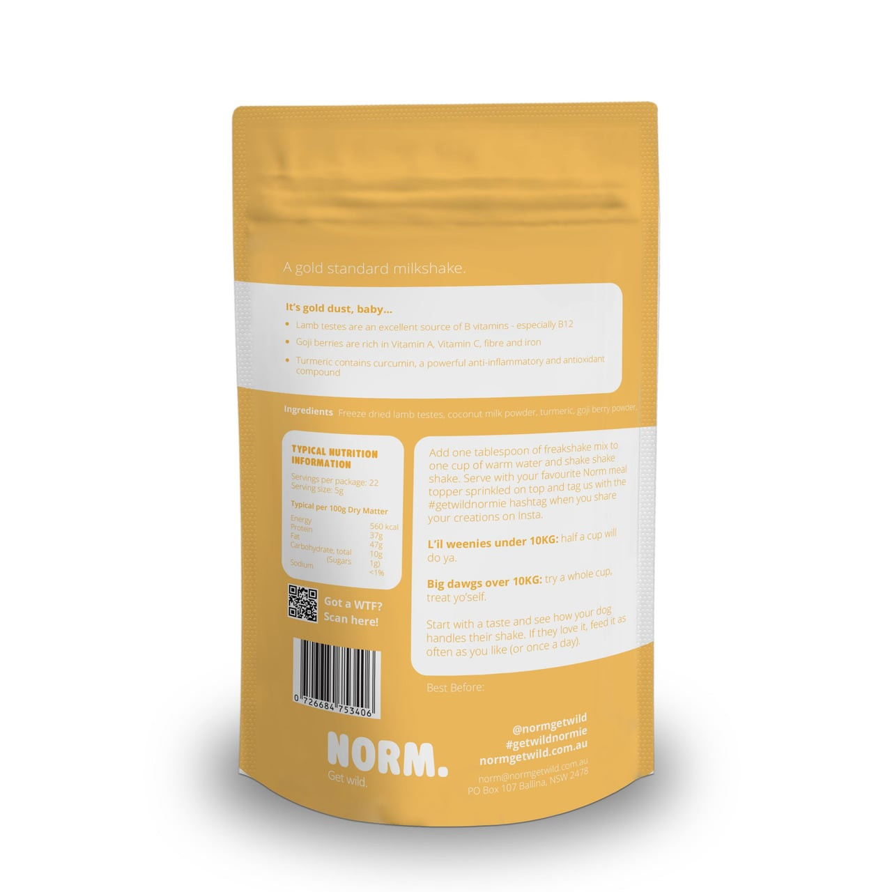 Norm Gold Dust Freakshake packaging featuring a vibrant yellow design with nutrition information.