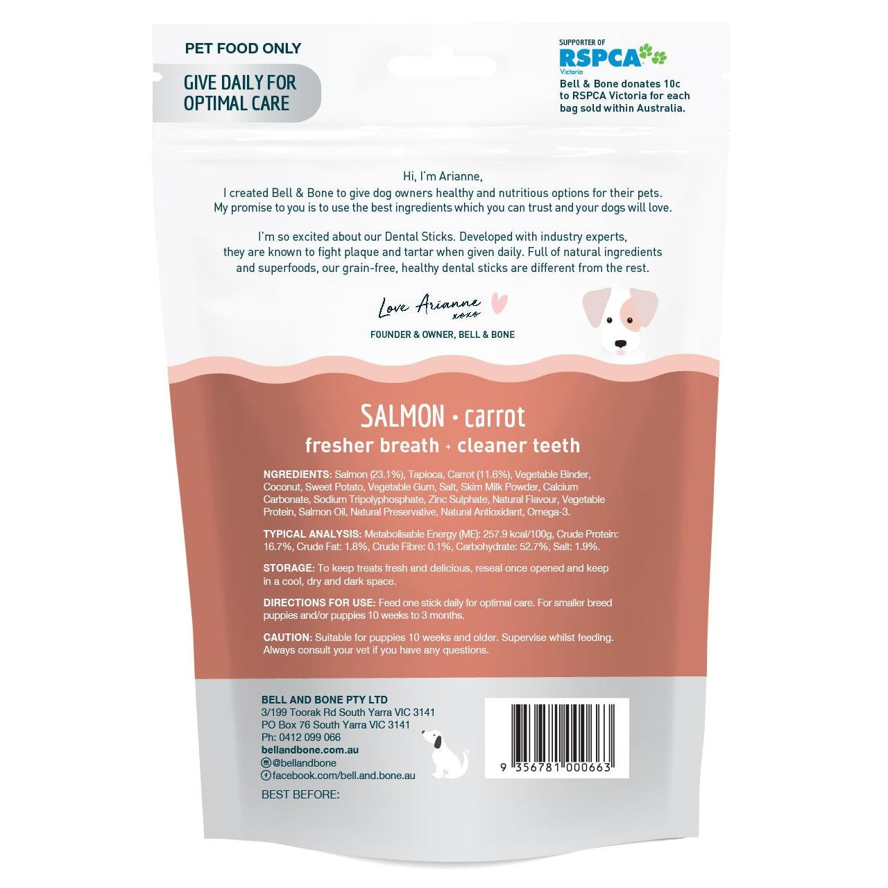 Bell & Bone Small Puppy Salmon dental sticks packaging, featuring salmon and carrot for cleaner teeth.