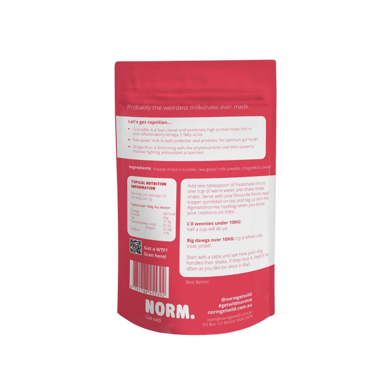 Norm Fear & Loathing Freakshake packaging in vibrant pink, featuring unique ingredients and nutritional information.