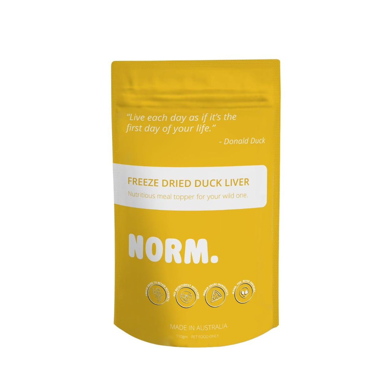 Norm Duck Liver Meal Topper in yellow packaging, freeze-dried, nutritious for dogs or cats.
