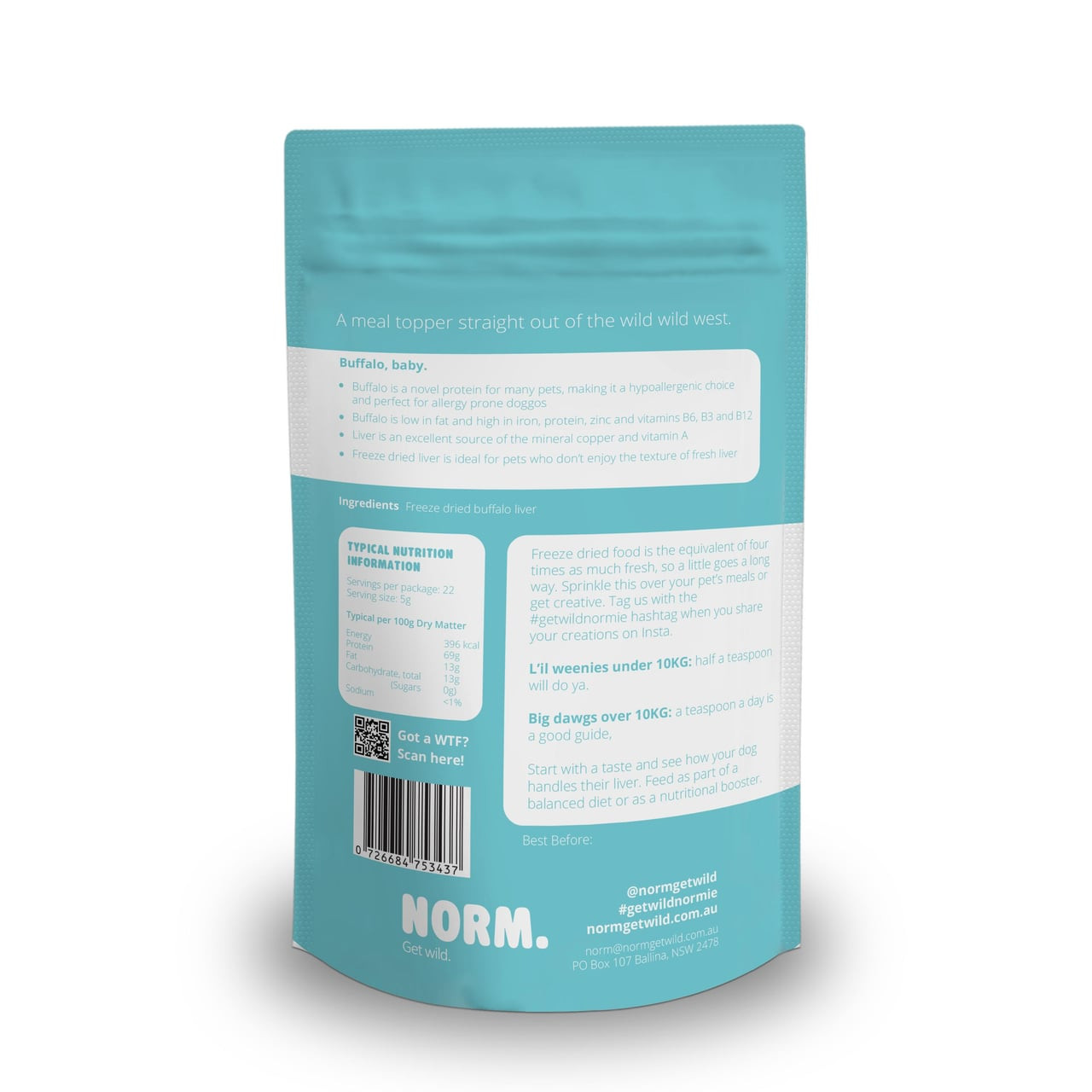 Norm Buffalo Liver Meal Topper packaging featuring freeze-dried buffalo, 100g size for dogs and cats.
