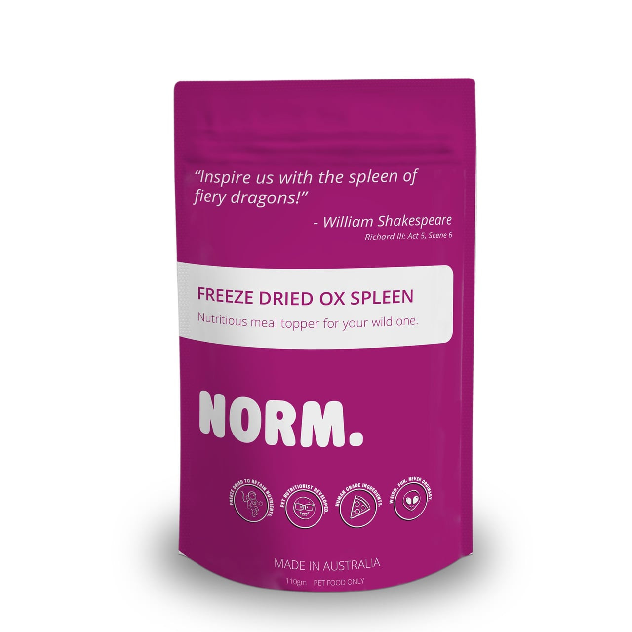 Freeze-dried Norm Ox Spleen Meal Topper in vibrant pink packaging for pet health.