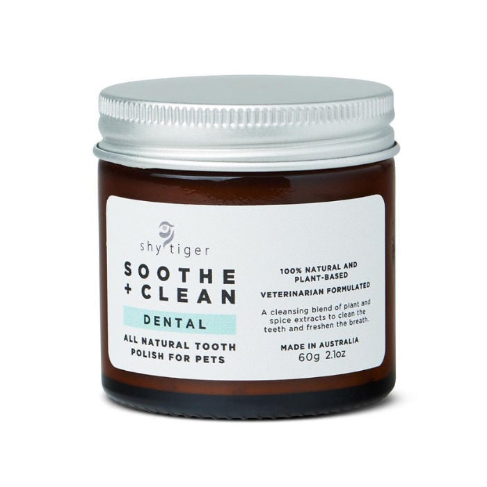 Shy Tiger Soothe and Clean Dental, all-natural tooth polish for pets in a 60g jar.