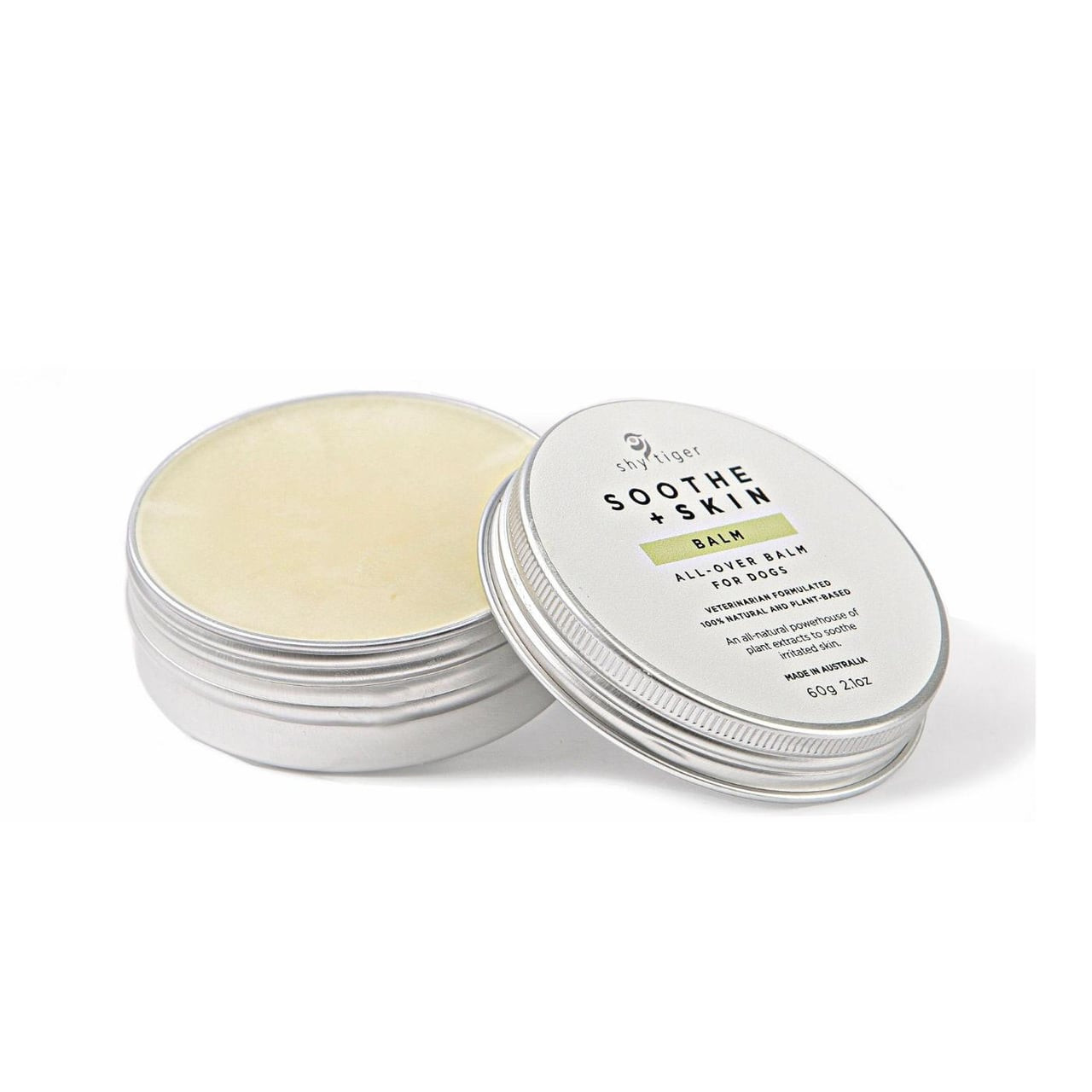 Shy Tiger Soothe and Skin Balm in a silver tin, ideal for pet skin health.