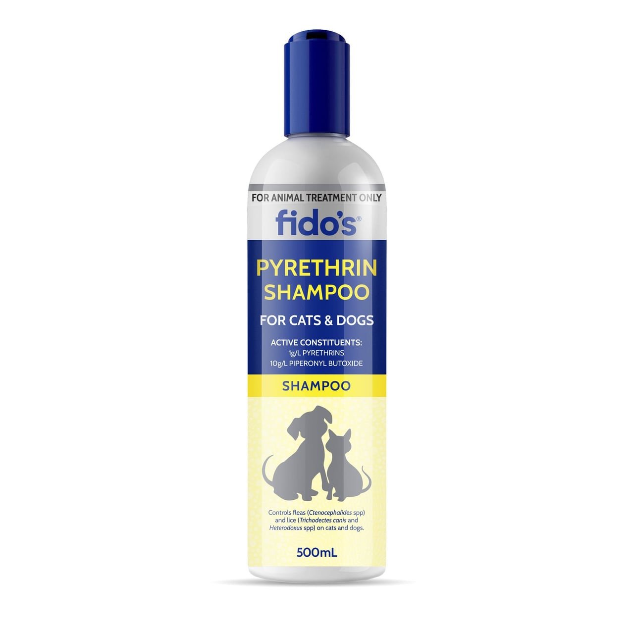 Fido's Pyrethrin Shampoo 500mL for cats and dogs, effective for pet hygiene.