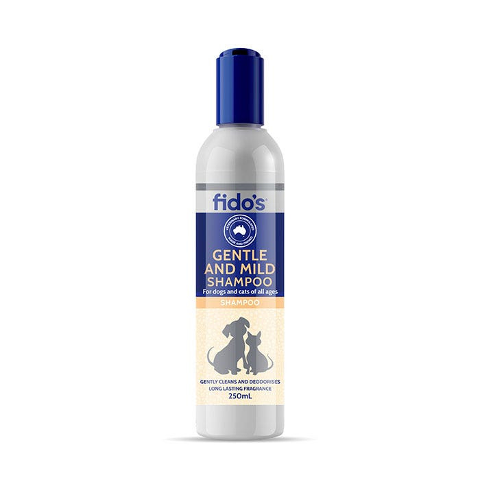 Fido's Gentle and Mild Shampoo, 250mL bottle for dogs and cats, promotes pet health.