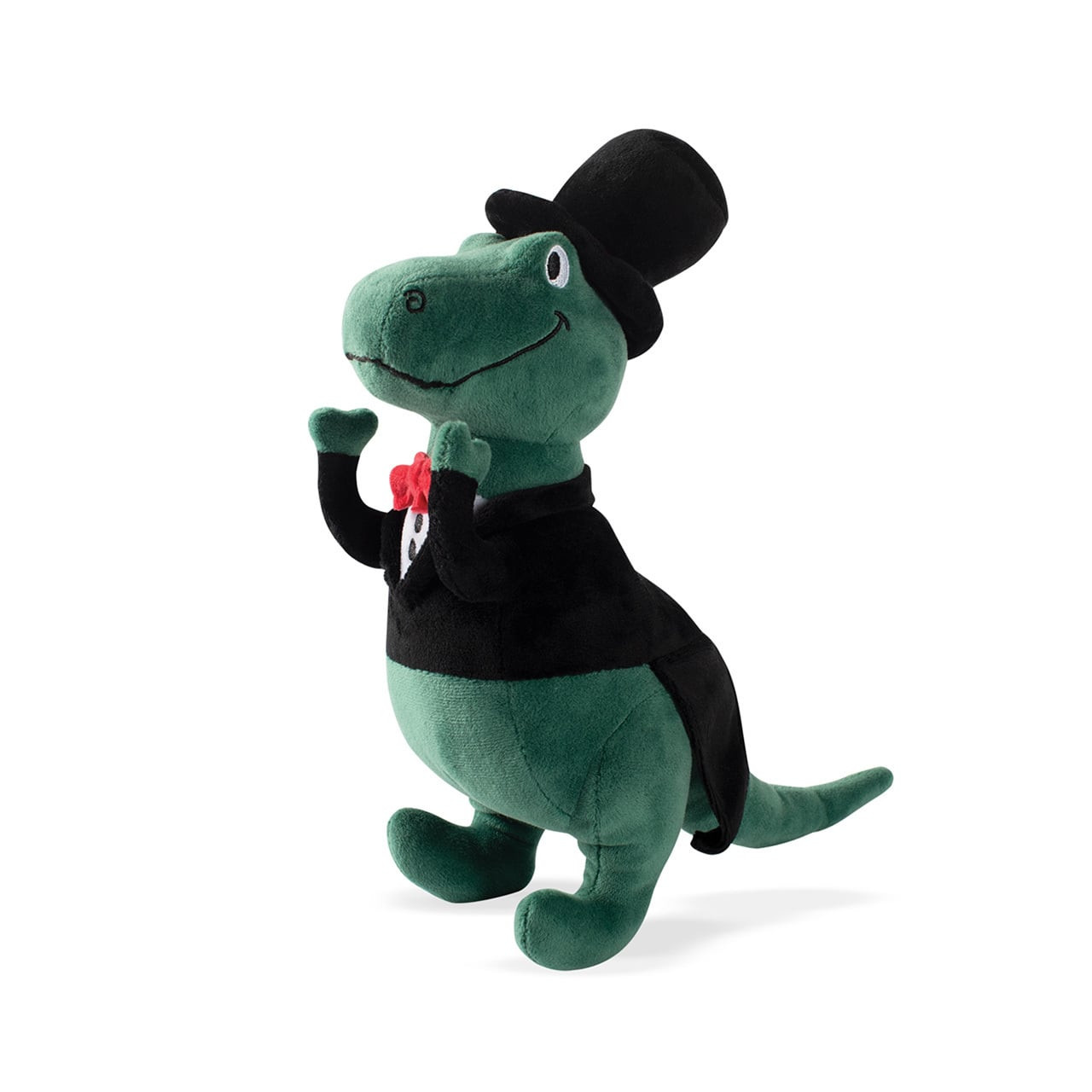 Fringe Studio Rex Ready Suited-up T-Rex plush squeaker dog toy in tuxedo and top hat.