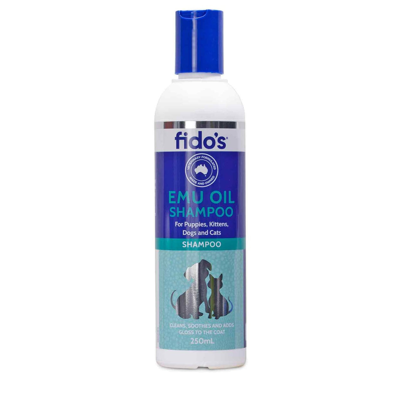 Fido's Emu Oil Shampoo for puppies, kittens, dogs, and cats in 250mL bottle.