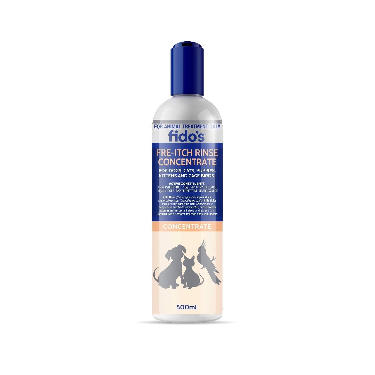 Fido's Fre Itch Rinse Concentrate in 500mL bottle for dogs, cats, and pets' skin health.