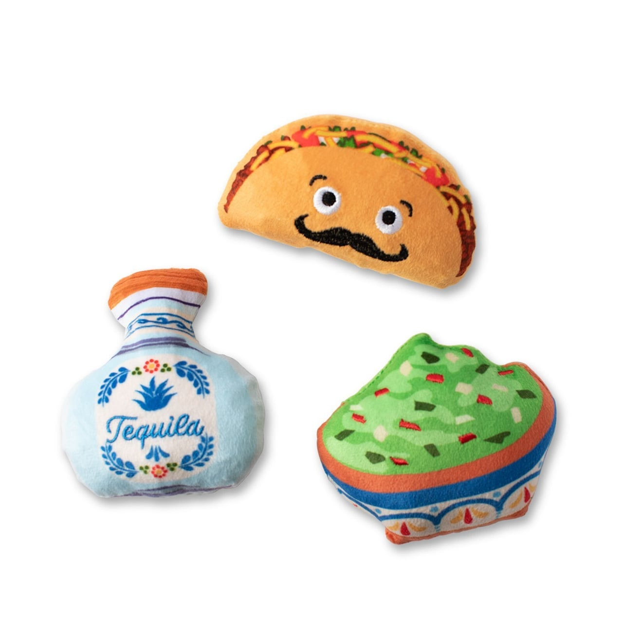 Fringe Studio Plush Squeaker Dog Toy set featuring colorful taco, tequila bottle, and guacamole.