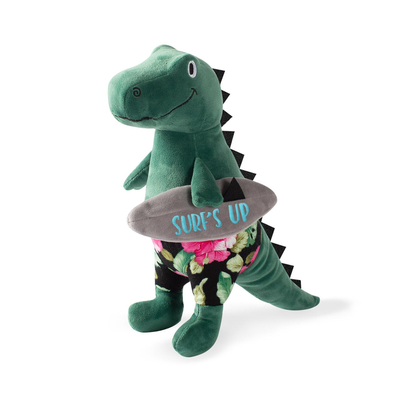 Fringe Studio Surfer Bro T-Rex plush toy with floral shorts and surfboard, squeaker included.