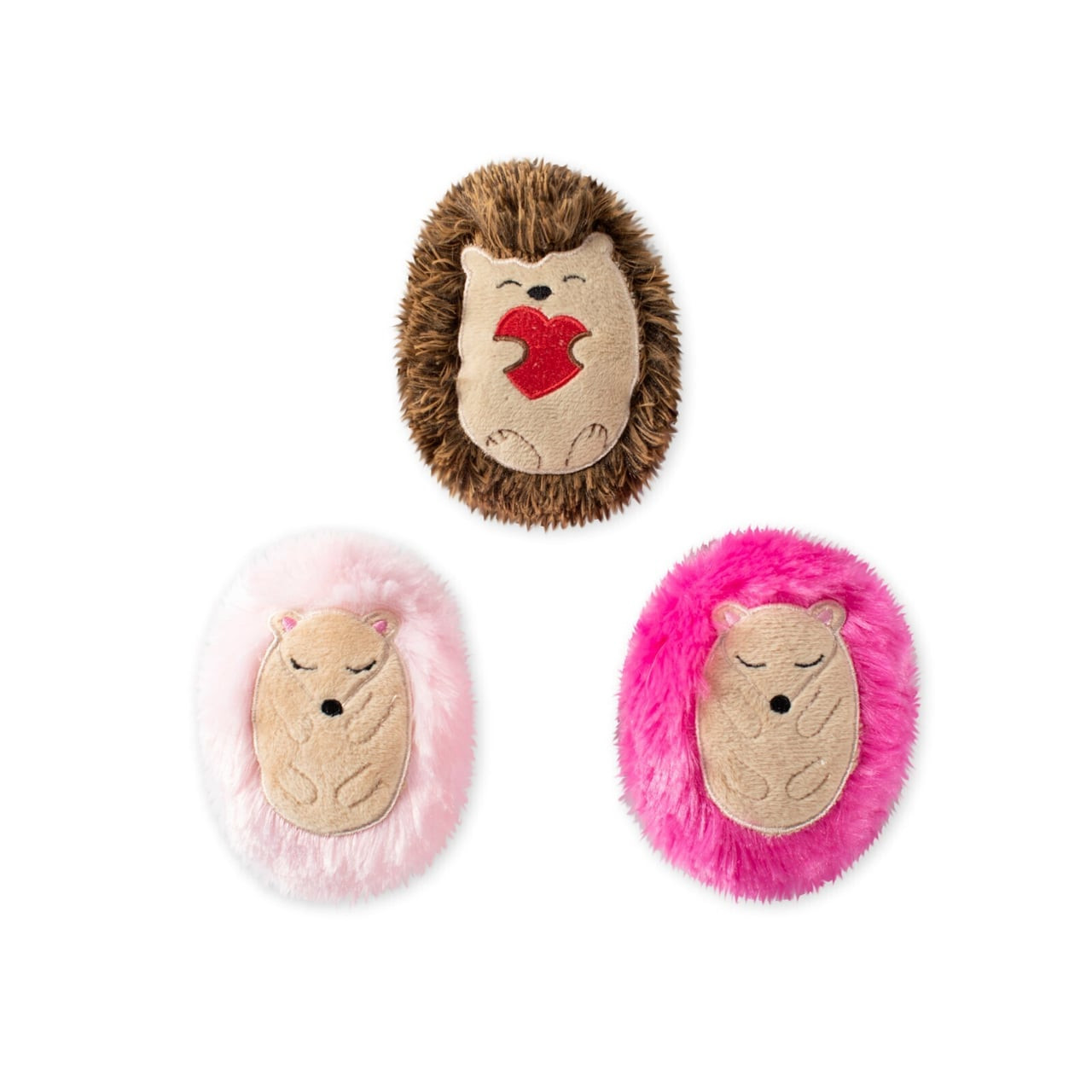 Fringe Studio Valentine's Hugs & Kisses small dog toy set featuring three plush hedgehogs in pink and brown.