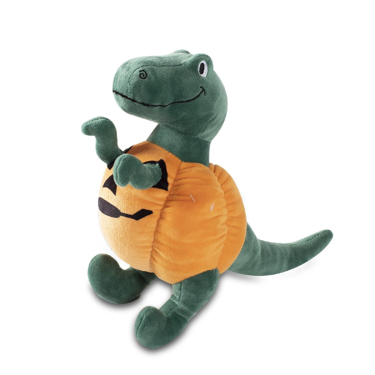 Fringe Studio Plush Squeaker Dog Toy featuring a dinosaur in a pumpkin costume, perfect for Halloween.