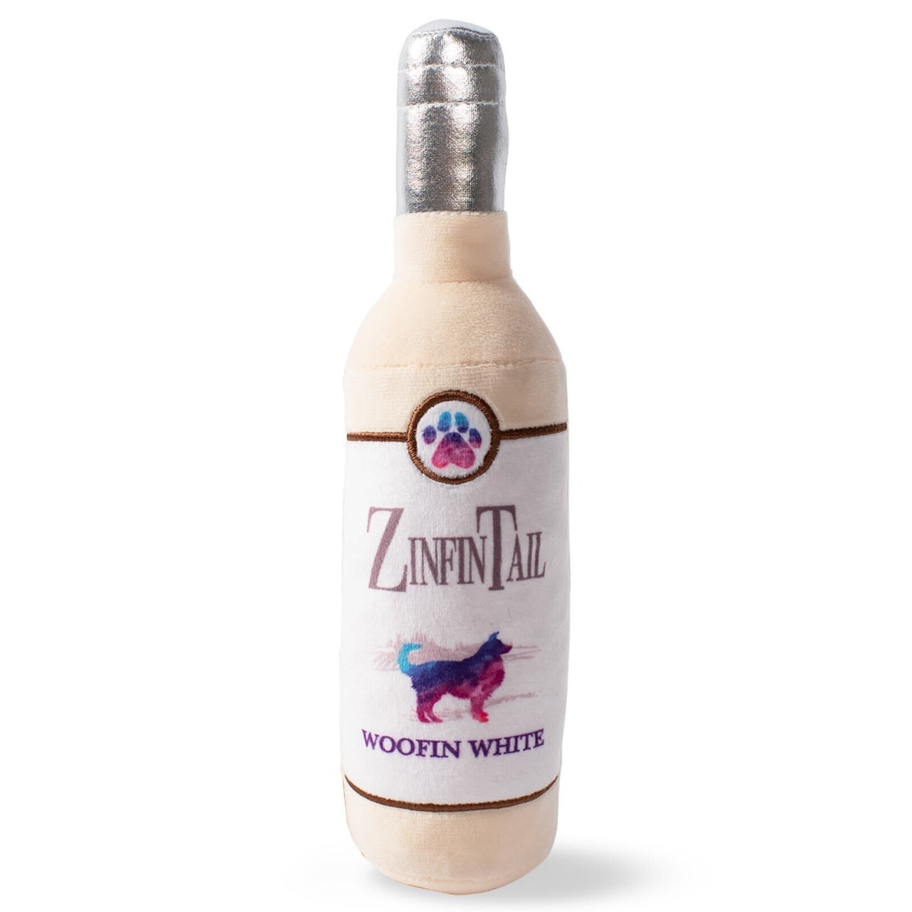 Fringe Studio Zinfintail plush squeaker dog toy designed like a wine bottle.