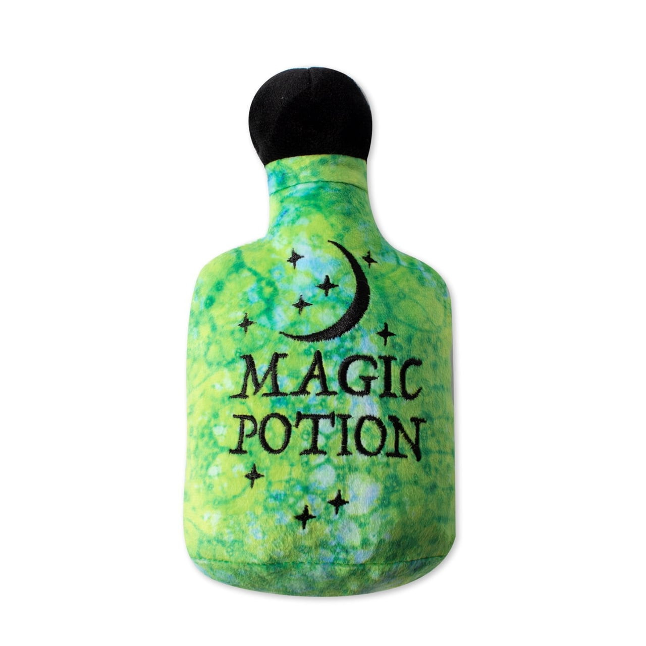 Fringe Studio Halloween Plush Squeaker Dog Toy shaped like a green magic potion bottle.