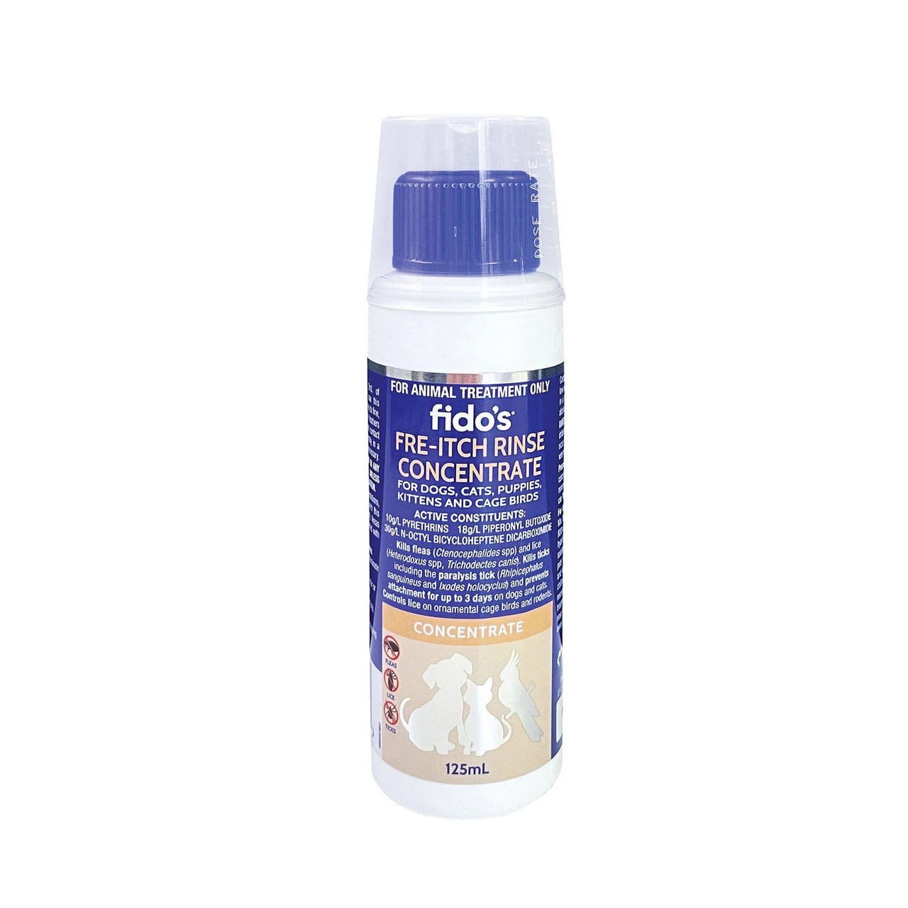 Fido's Fre Itch Rinse Concentrate 125mL for dogs, cats, and puppies, soothing itch relief.