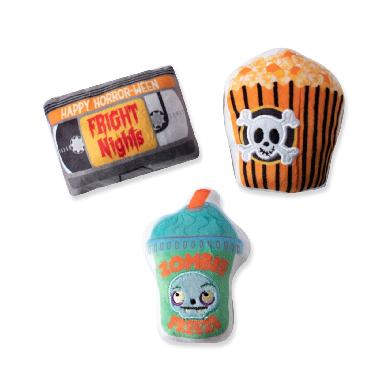 Three Halloween plush squeaker dog toys featuring popcorn, a movie-themed design, and a zombie drink.