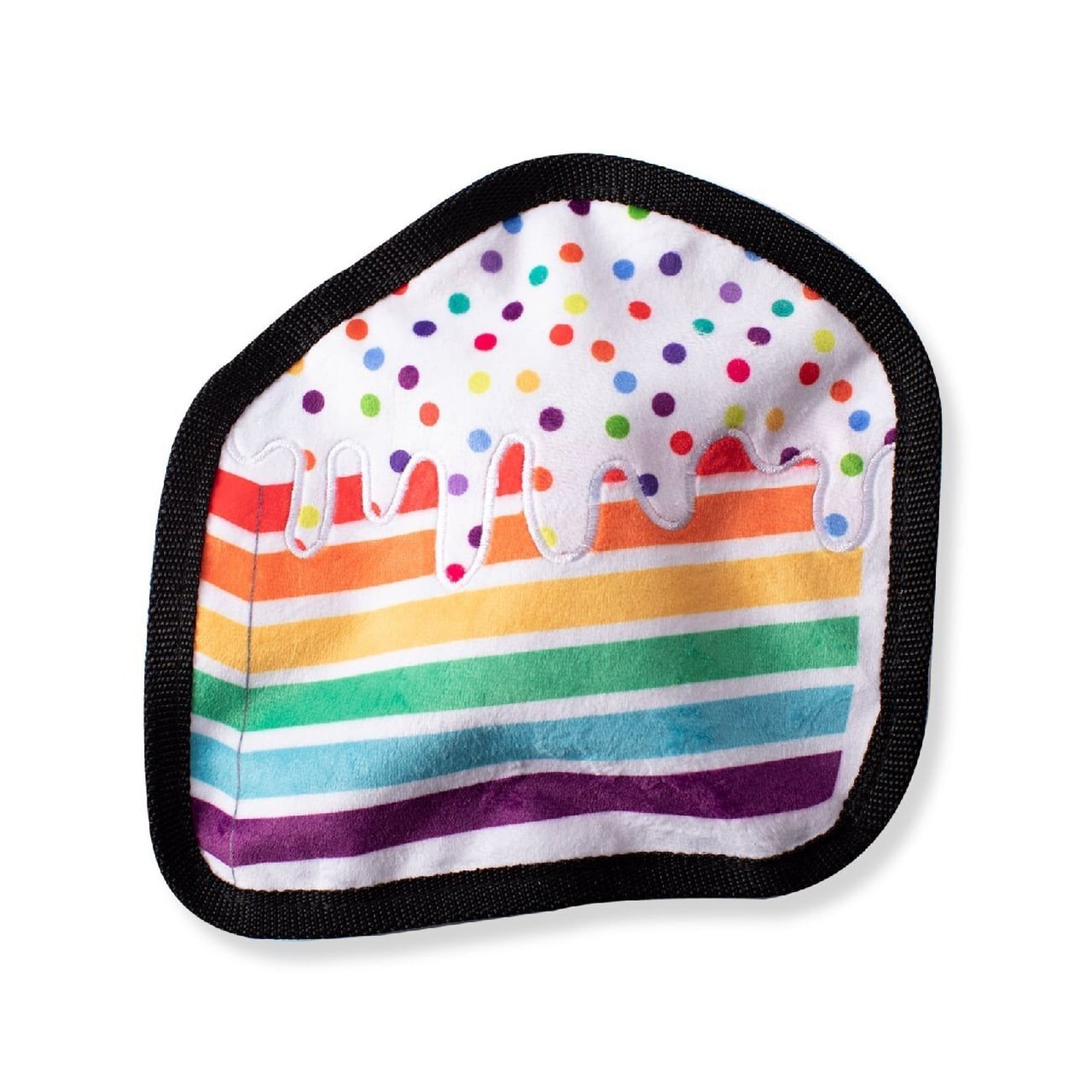 Fringe Studio No-Stuffing Squeaker Dog Toy in a colorful cake design with sprinkles.