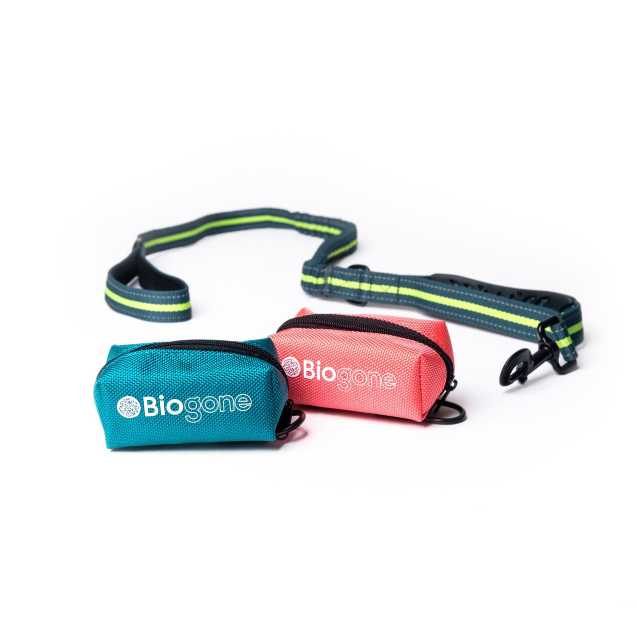 Biogone Dog Poo Bag Dispenser in teal and pink with adjustable leash attachment.