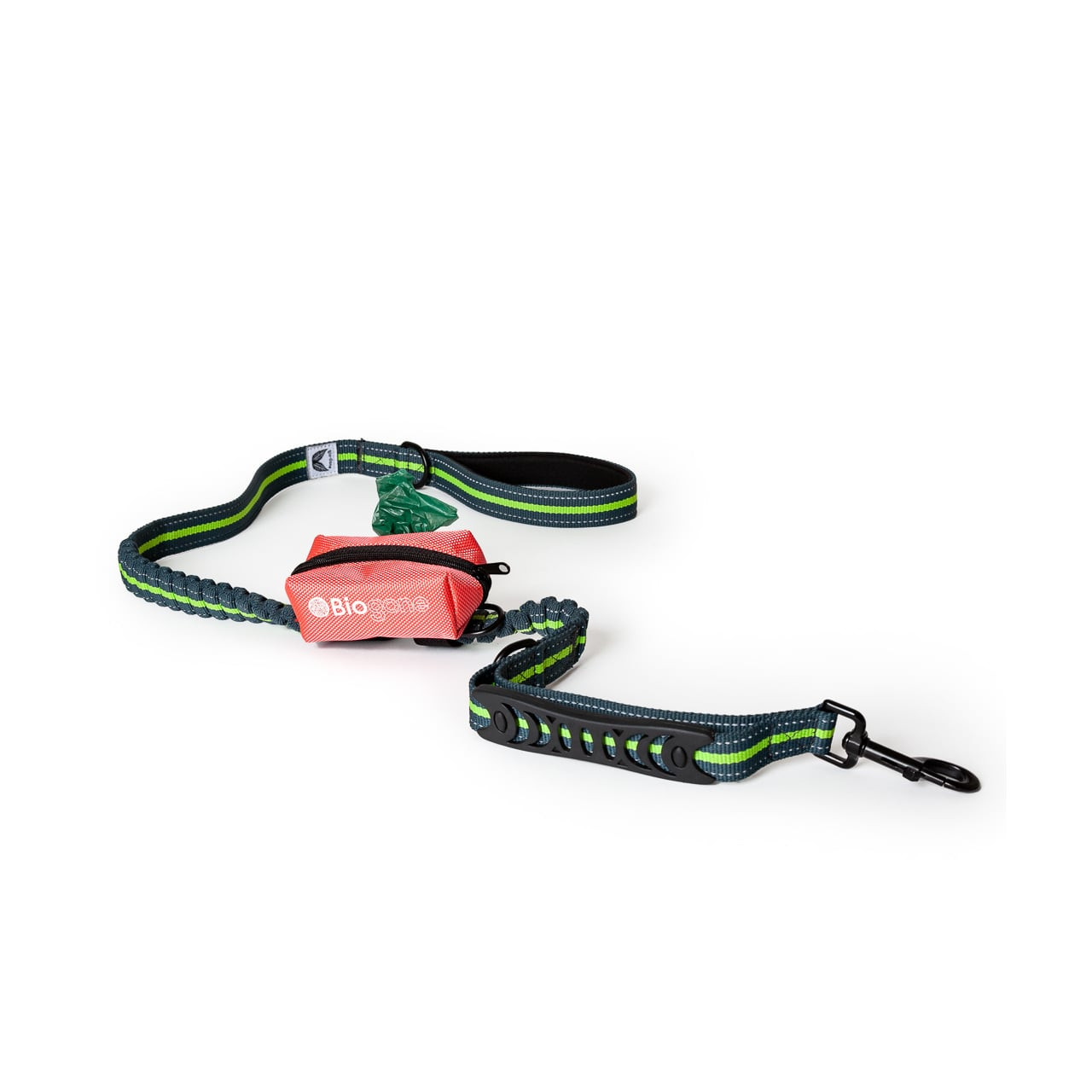 Biogone Dog Poo Bag Dispenser in coral with green and black leash attachment.