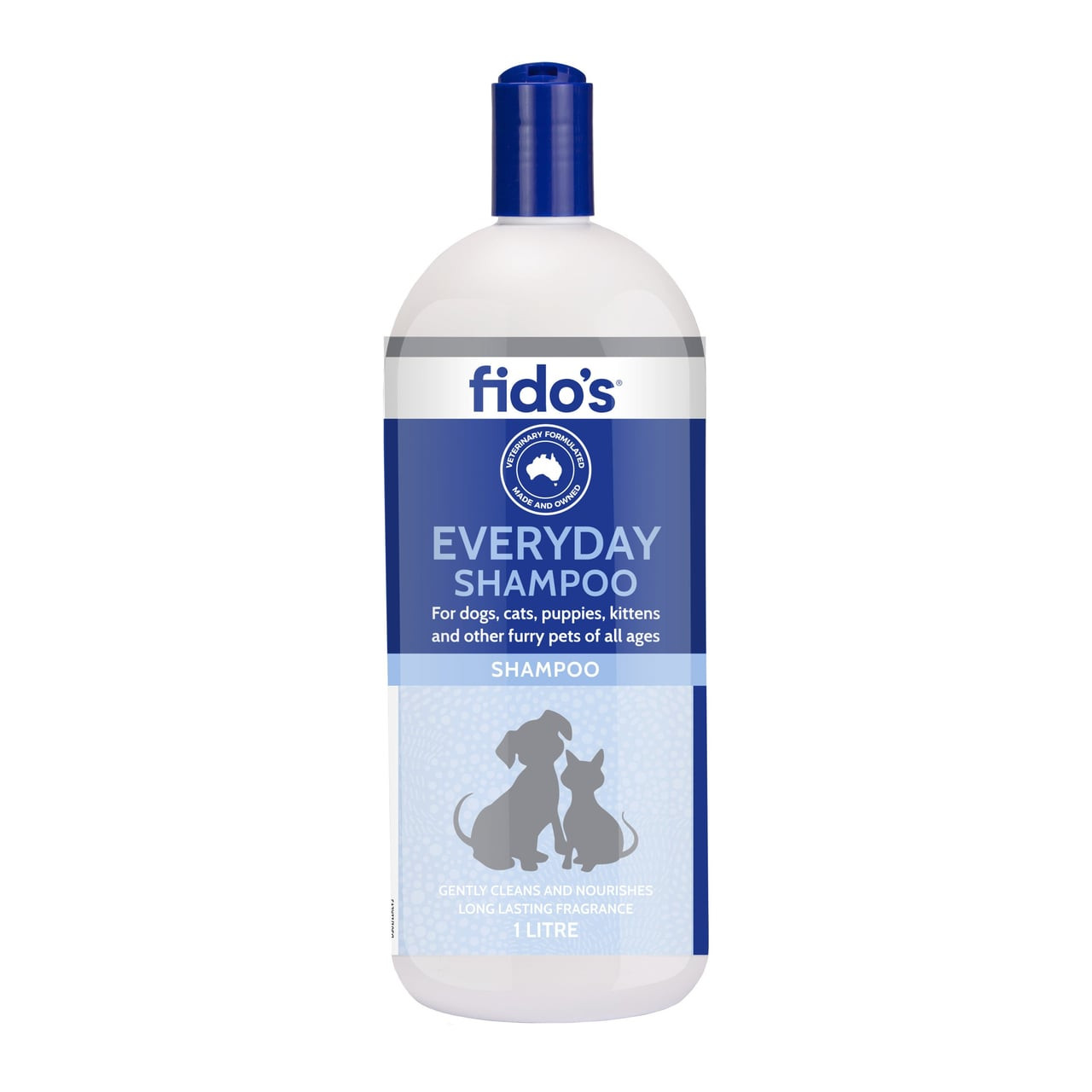 Fido's Everyday Shampoo 1L for dogs, cats, and puppies, nourishing formula for pet care.