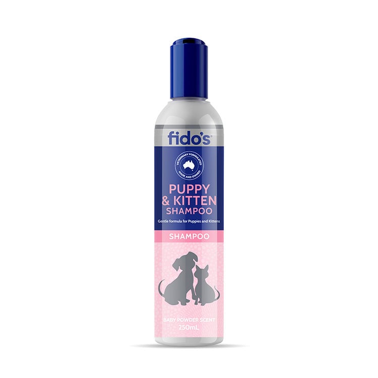 Fido's Puppy and Kitten Shampoo 250mL, gentle baby powder scent for pet grooming.