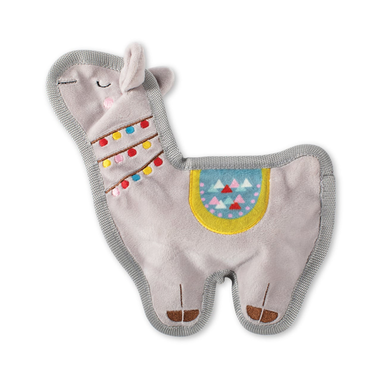 Fringe Studio Llama Love You flat squeaker dog toy in soft gray fabric with colorful accents.