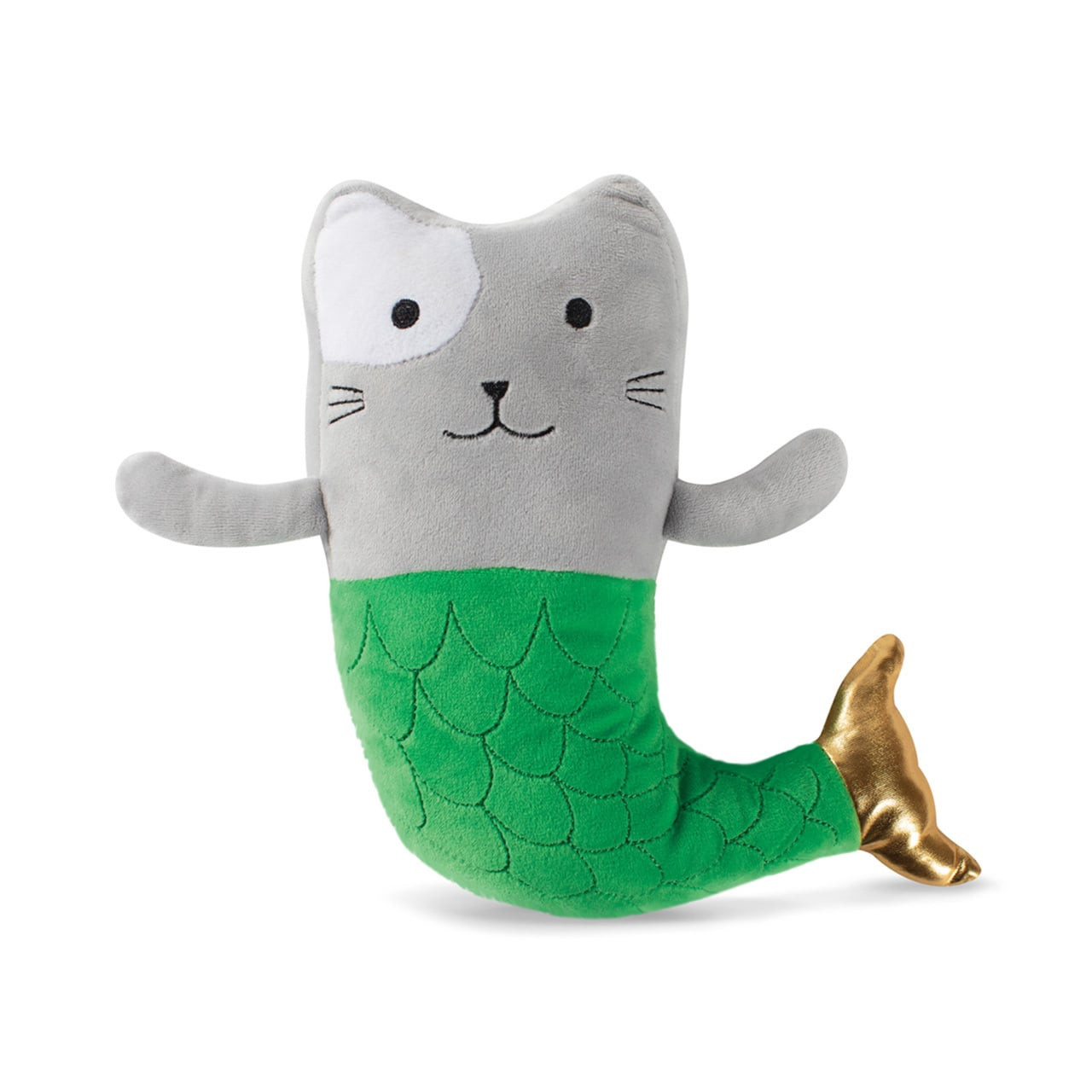 Fringe Studio Mercat Mermaid Cat Plush Squeaker Dog Toy with green tail and golden fin.