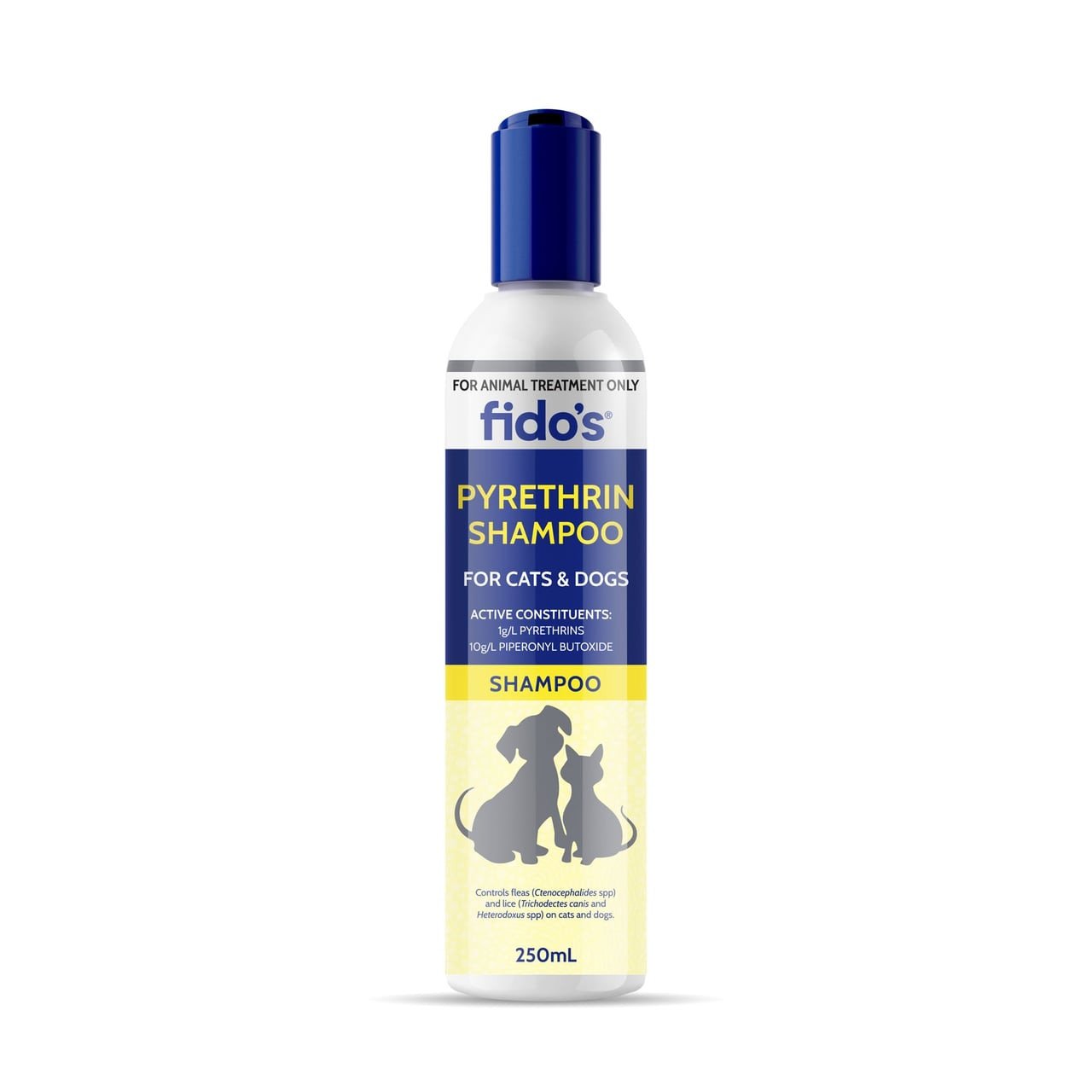 Fido's Pyrethrin Shampoo 250mL for cats and dogs, effective for pet health and grooming.