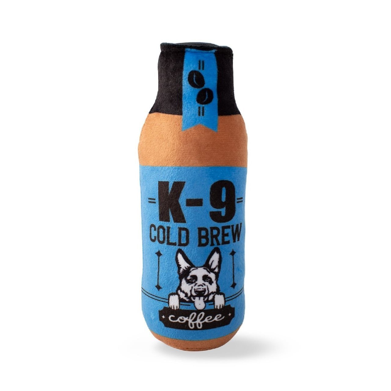 Fringe Studio K-9 Cold Brew plush squeaker dog toy, coffee bottle design in blue and black.