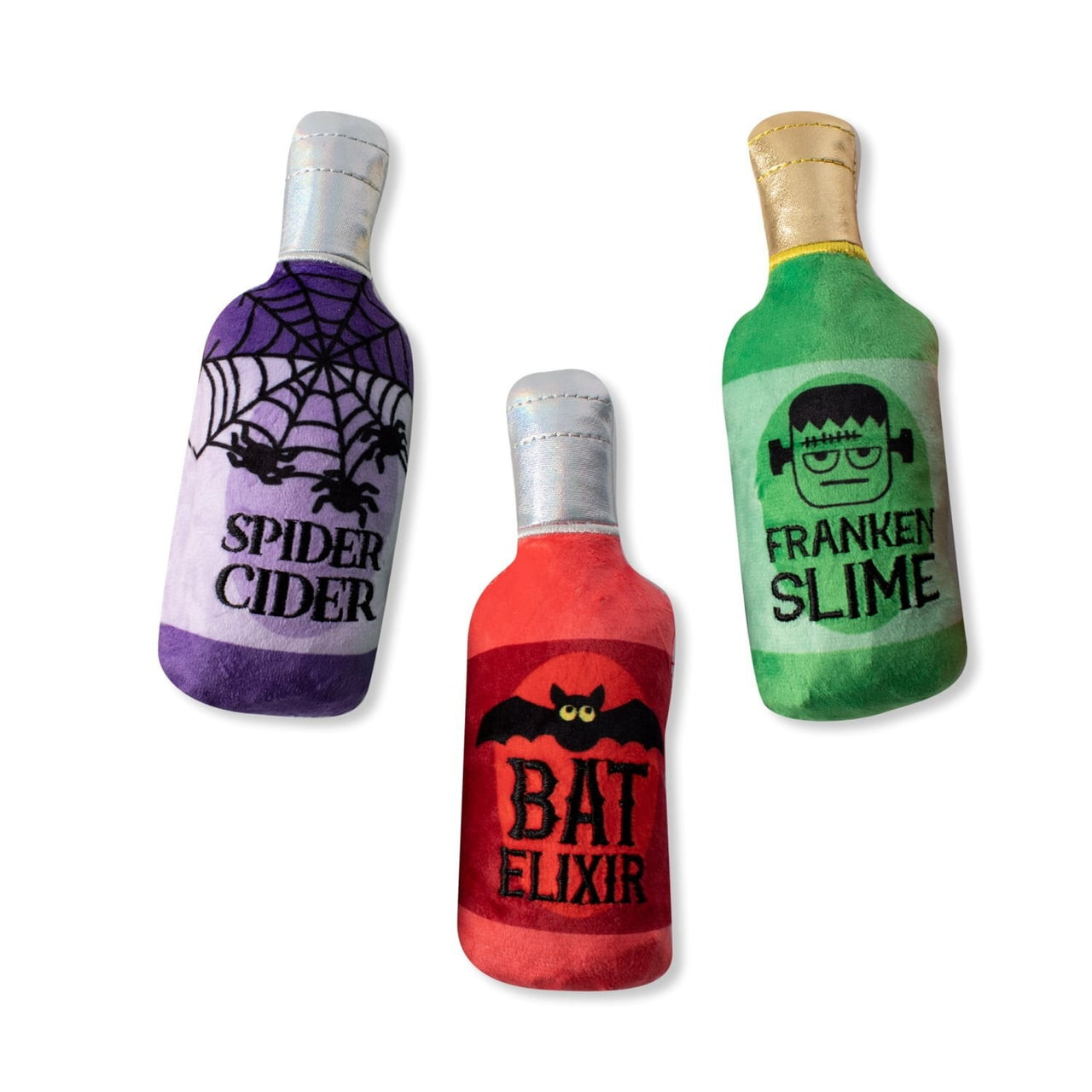 Fringe Studio Halloween Plush Squeaker Dog Toy featuring three colorful mini potion bottles.