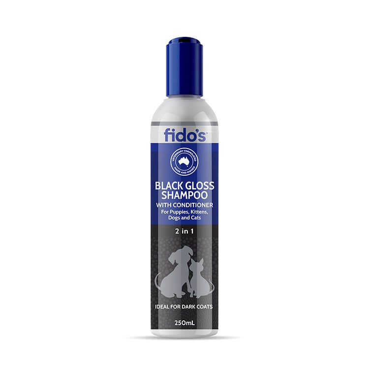 Fido's Black Gloss Shampoo 250mL for dogs and cats, ideal for dark coats.