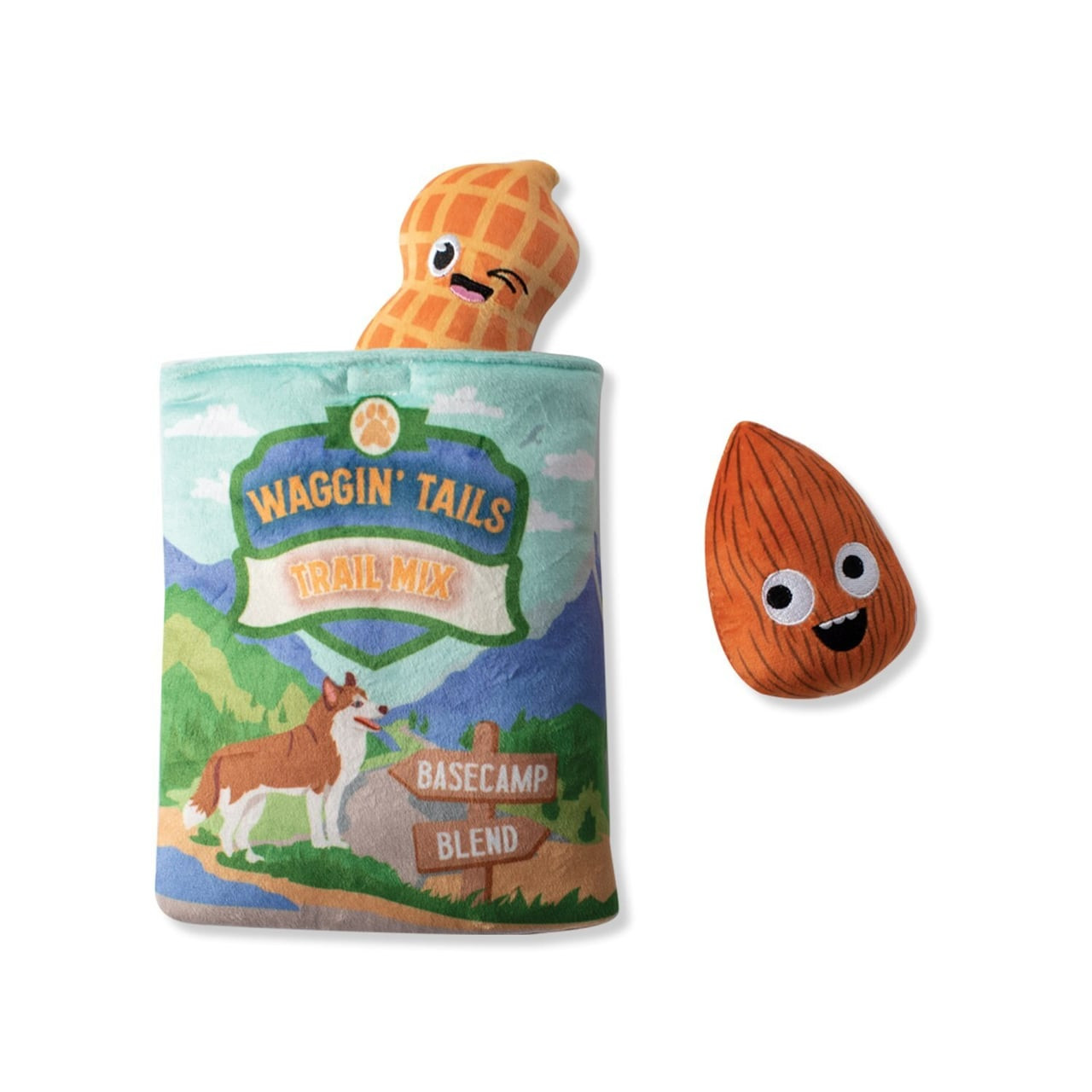 Fringe Studio Plush Burrow Toy featuring Waggin Tails Trail Mix with peanut and almond characters.