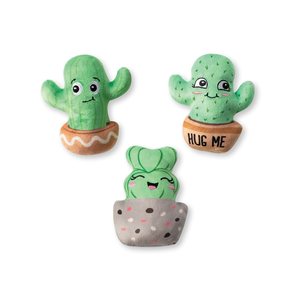 Fringe Studio Plush Squeaker Dog Toy set featuring three colorful cactus mini toys.