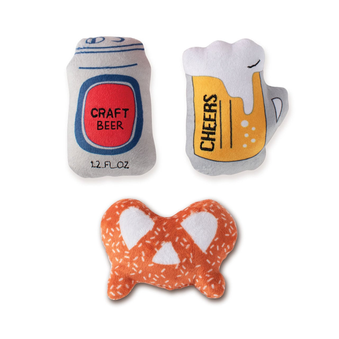 Fringe Studio Minis Beer & Pretzel 3-piece plush dog toy set in vibrant colors.