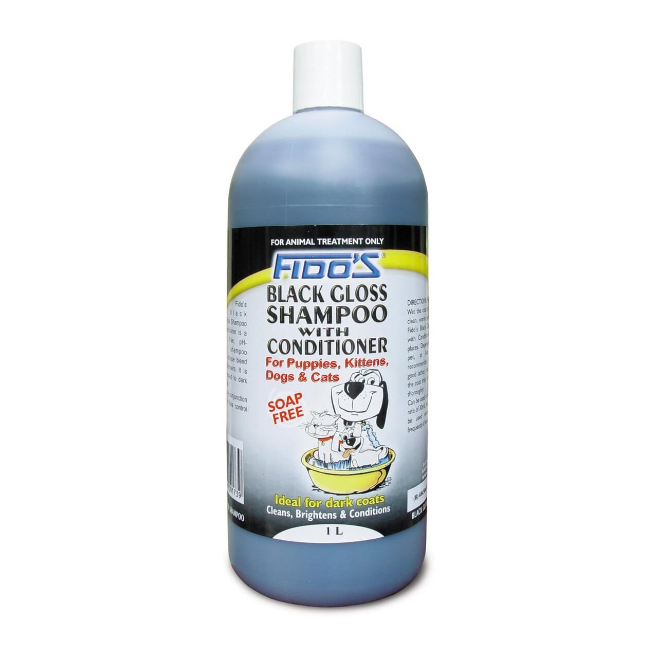 Fido's Black Gloss Shampoo, 1L bottle, ideal for dogs and cats with dark coats.